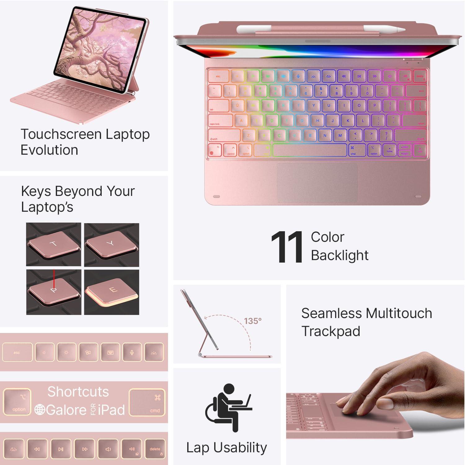 image:imagetypecase Edge Keyboard Case for iPad Air 13inchM3M2 20252024 amp iPad Pro 1296th5th4th3rd Gen Magic Keyboard with 11Color Backlight MultiTouch Trackpad Pencil Holder Midnight AmethystRose Gold