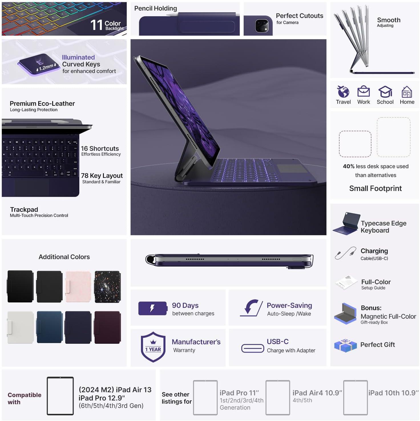 image:imagetypecase Edge Keyboard Case for iPad Air 13inchM3M2 20252024 amp iPad Pro 1296th5th4th3rd Gen Magic Keyboard with 11Color Backlight MultiTouch Trackpad Pencil Holder Midnight AmethystMidnight Amethyst