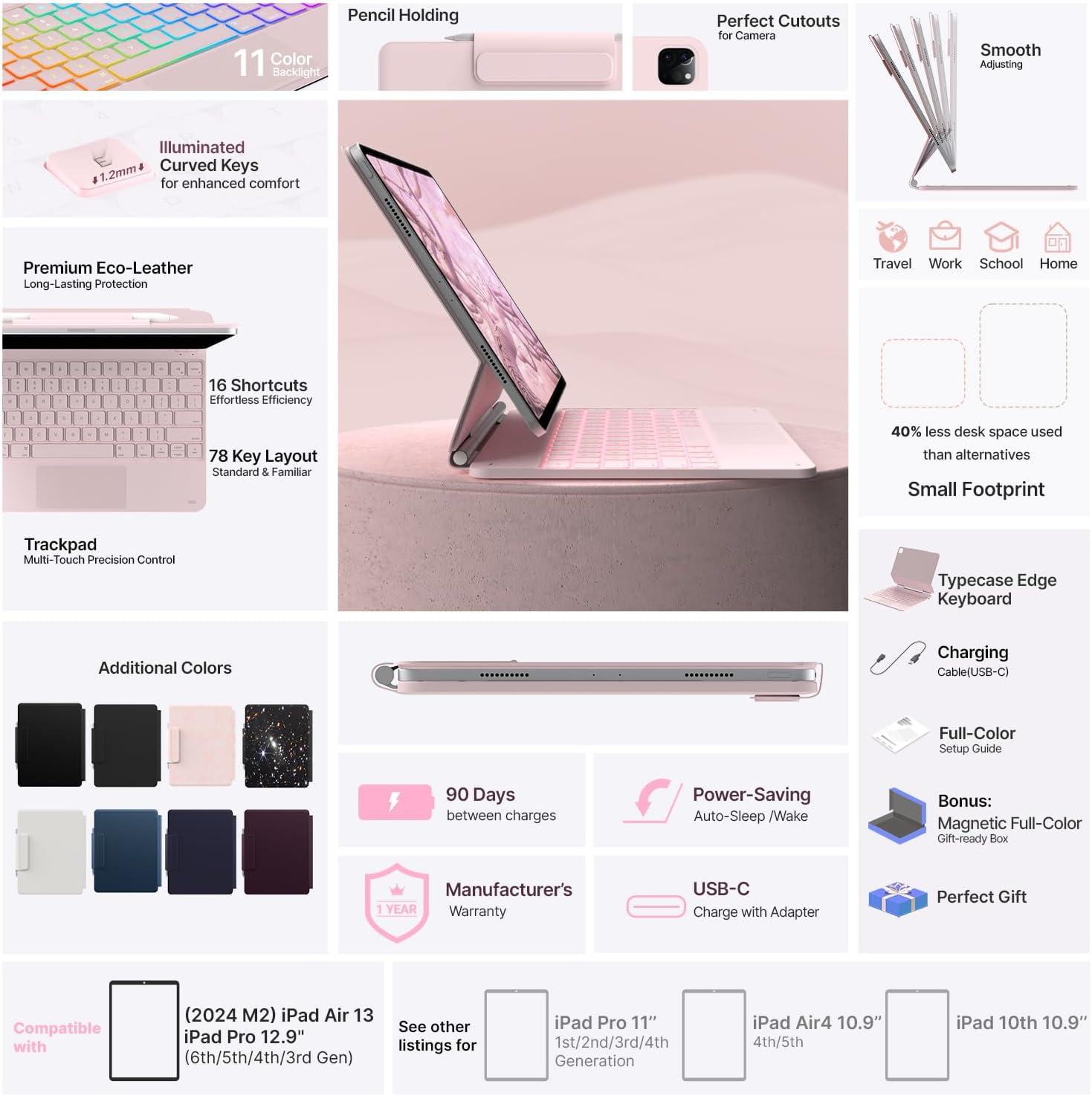 image:imagetypecase Edge Keyboard Case for iPad Air 13inchM3M2 20252024 amp iPad Pro 1296th5th4th3rd Gen Magic Keyboard with 11Color Backlight MultiTouch Trackpad Pencil Holder Midnight AmethystPink