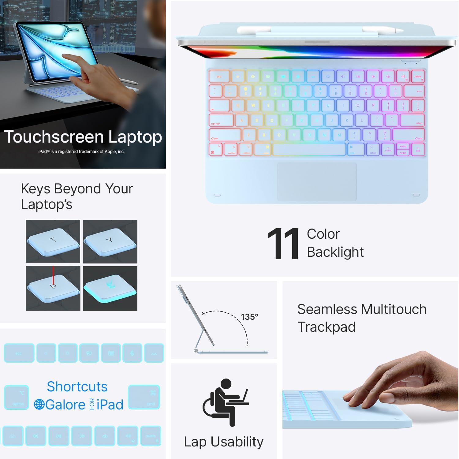 image:imagetypecase Edge Keyboard Case for iPad Air 13inchM3M2 20252024 amp iPad Pro 1296th5th4th3rd Gen Magic Keyboard with 11Color Backlight MultiTouch Trackpad Pencil Holder Midnight AmethystLight Blue
