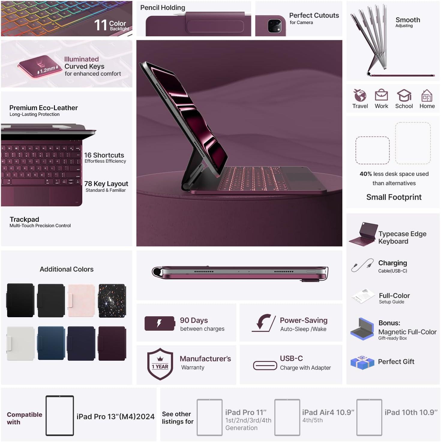 image:imagetypecase Edge Keyboard Case for iPad Air 13inchM3M2 20252024 amp iPad Pro 1296th5th4th3rd Gen Magic Keyboard with 11Color Backlight MultiTouch Trackpad Pencil Holder Midnight AmethystRaspberry