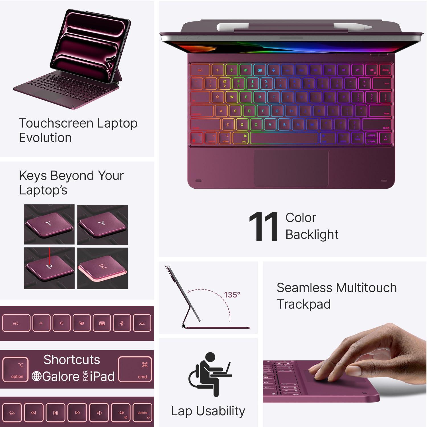 image:imagetypecase Edge Keyboard Case for iPad Air 13inchM3M2 20252024 amp iPad Pro 1296th5th4th3rd Gen Magic Keyboard with 11Color Backlight MultiTouch Trackpad Pencil Holder Midnight AmethystRaspberry