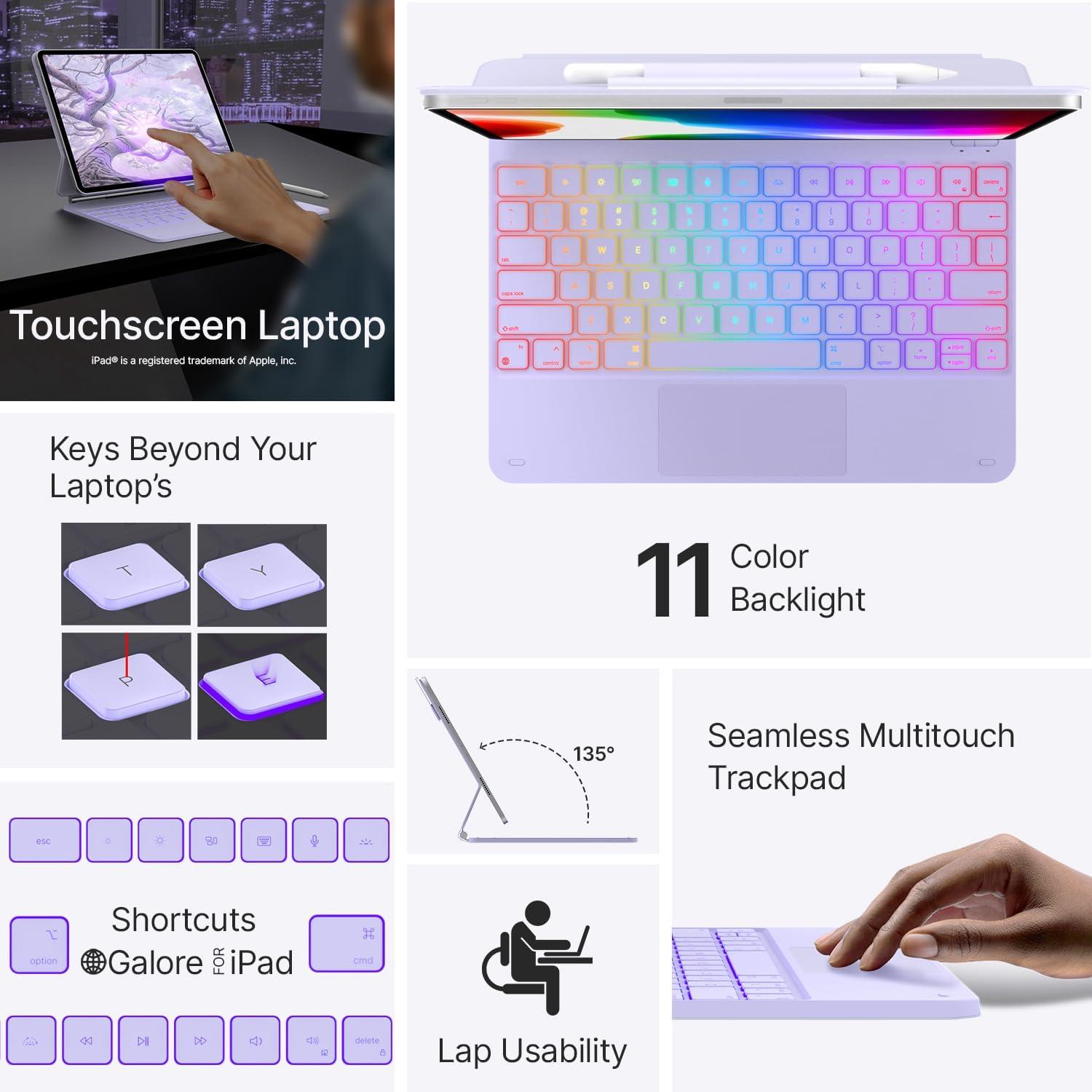 image:imagetypecase Edge Keyboard Case for iPad Air 13inchM3M2 20252024 amp iPad Pro 1296th5th4th3rd Gen Magic Keyboard with 11Color Backlight MultiTouch Trackpad Pencil Holder Midnight AmethystLight Purple