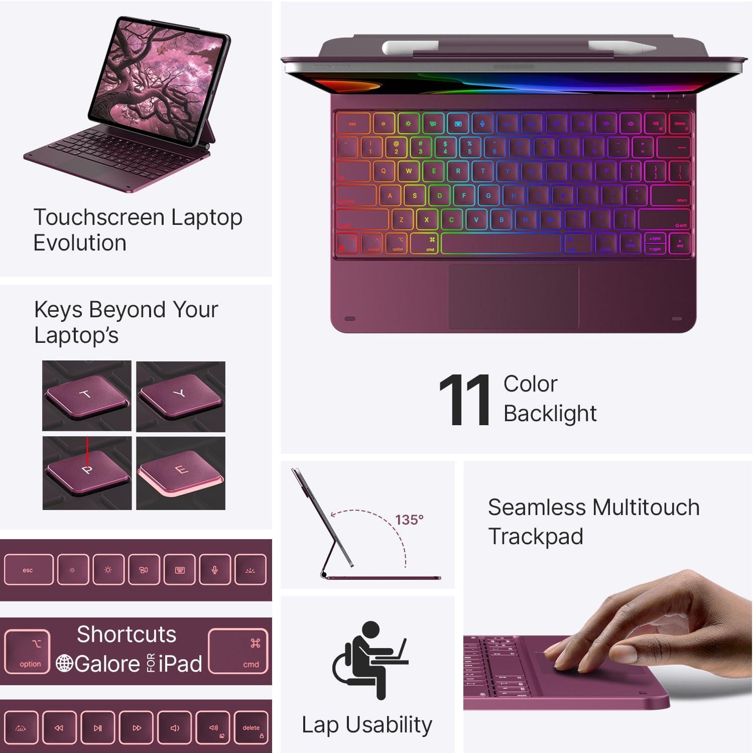 image:imagetypecase Edge Keyboard Case for iPad Air 13inchM3M2 20252024 amp iPad Pro 129inch6th5th4th3rd Gen Magic Keyboard with 11Color Backlight MultiTouch Trackpad Pencil Holder Raspberry