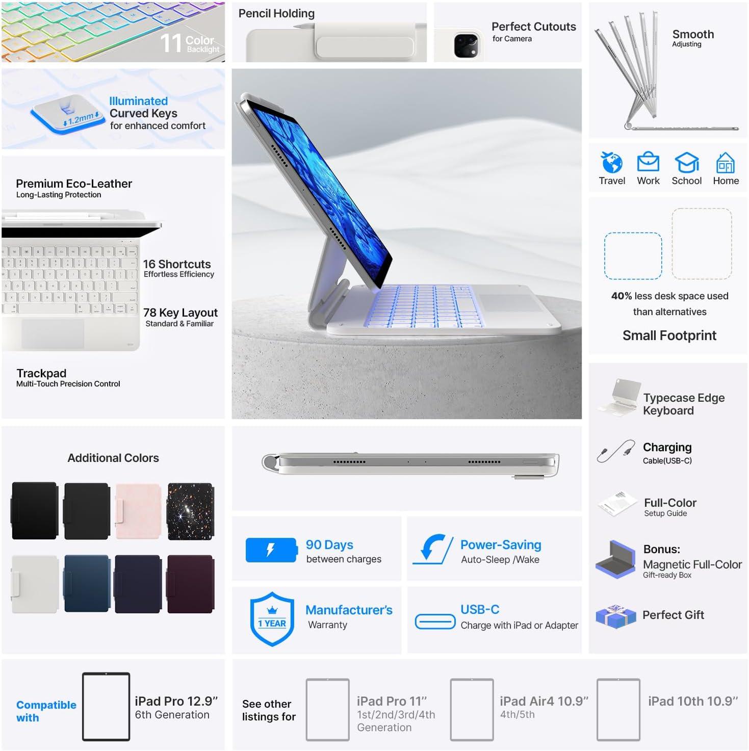 image:imagetypecase Edge Keyboard Case for iPad Air 13inchM3M2 20252024 amp iPad Pro 129inch6th5th4th3rd Gen Magic Keyboard with 11Color Backlight MultiTouch Trackpad Pencil Holder Pearl White