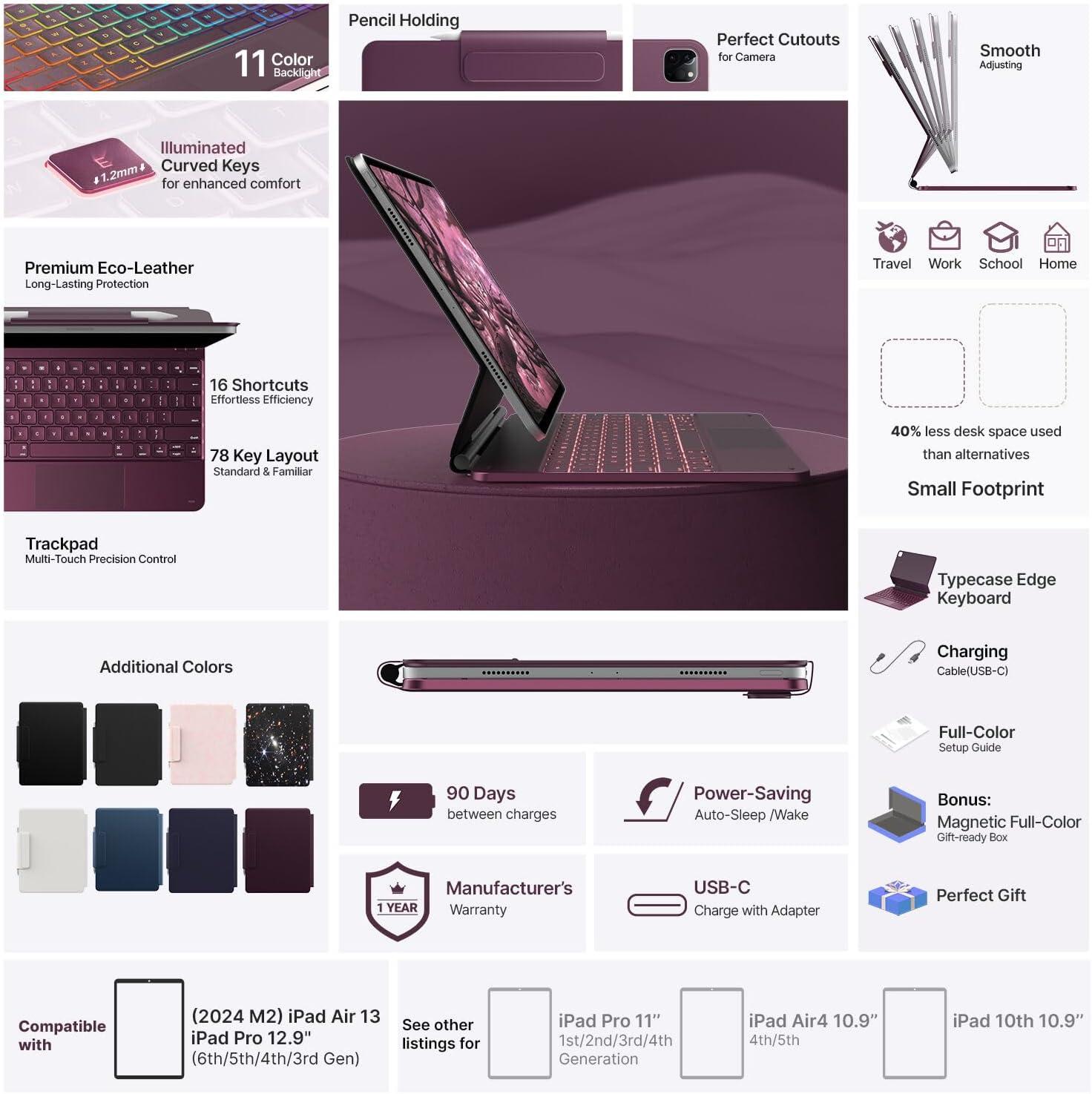 image:imagetypecase Edge Keyboard Case for iPad Air 13inchM3M2 20252024 amp iPad Pro 129inch6th5th4th3rd Gen Magic Keyboard with 11Color Backlight MultiTouch Trackpad Pencil Holder Raspberry