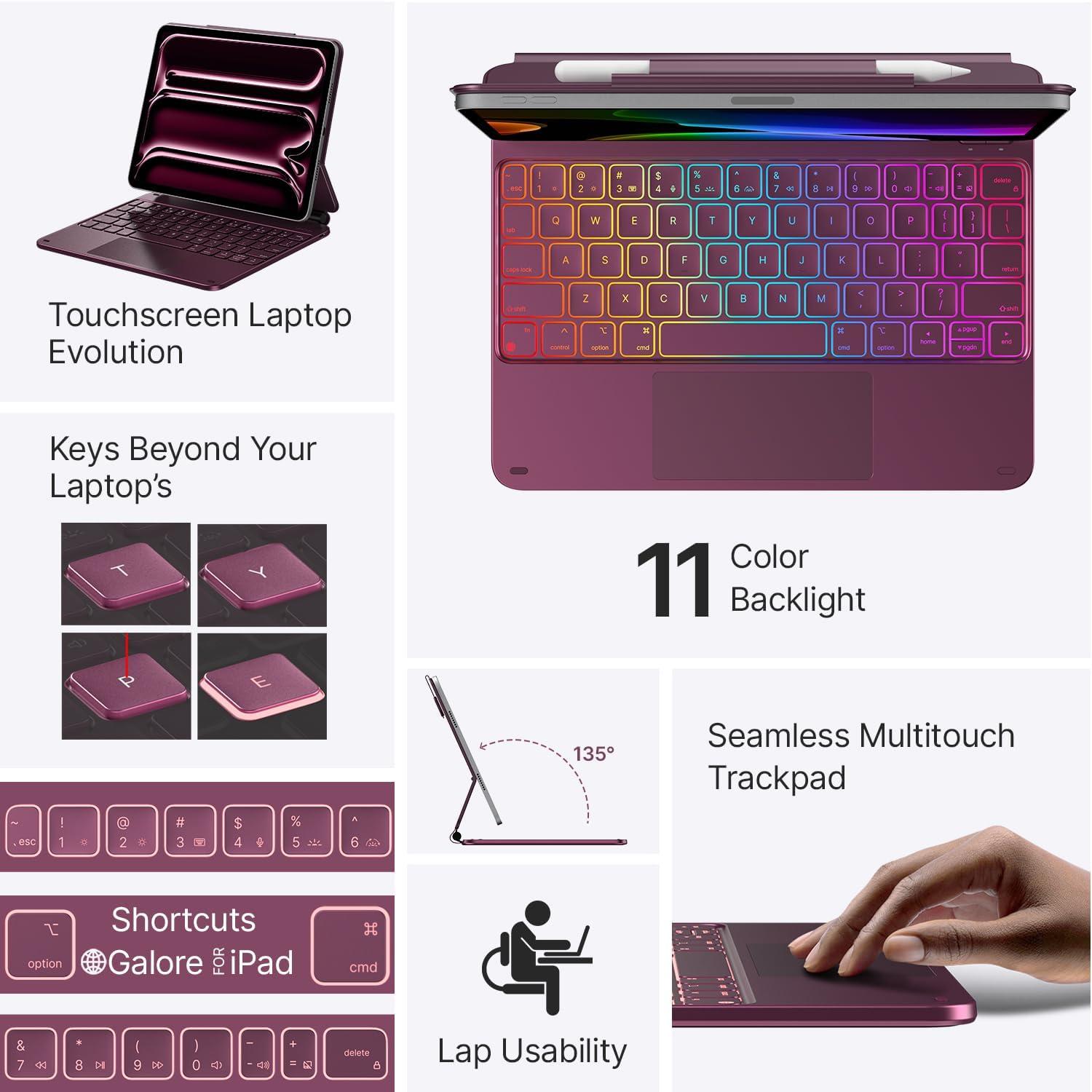 image:imagetypecase Edge Keyboard Case for iPad Pro 11inch M5M4 20252024 EasySet Floating Magnetic Stand MagicStyle Keyboard with 11 Colors Backlight MultiTouch Trackpad Pencil Holder BlackRaspberry