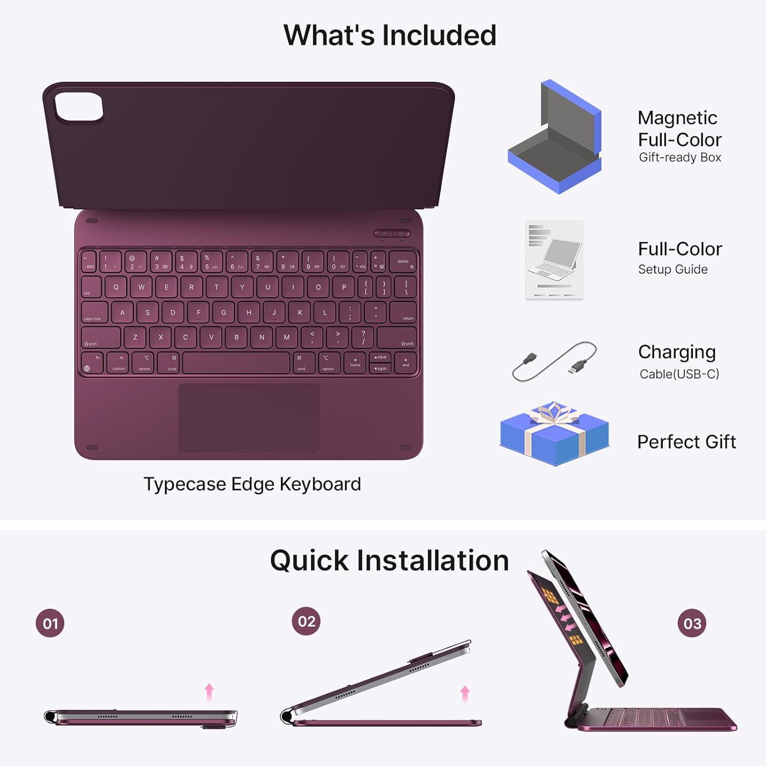 image:imagetypecase Edge Keyboard Case for iPad Pro 11inch M5M4 20252024 EasySet Floating Magnetic Stand MagicStyle Keyboard with 11 Colors Backlight MultiTouch Trackpad Pencil Holder BlackRaspberry