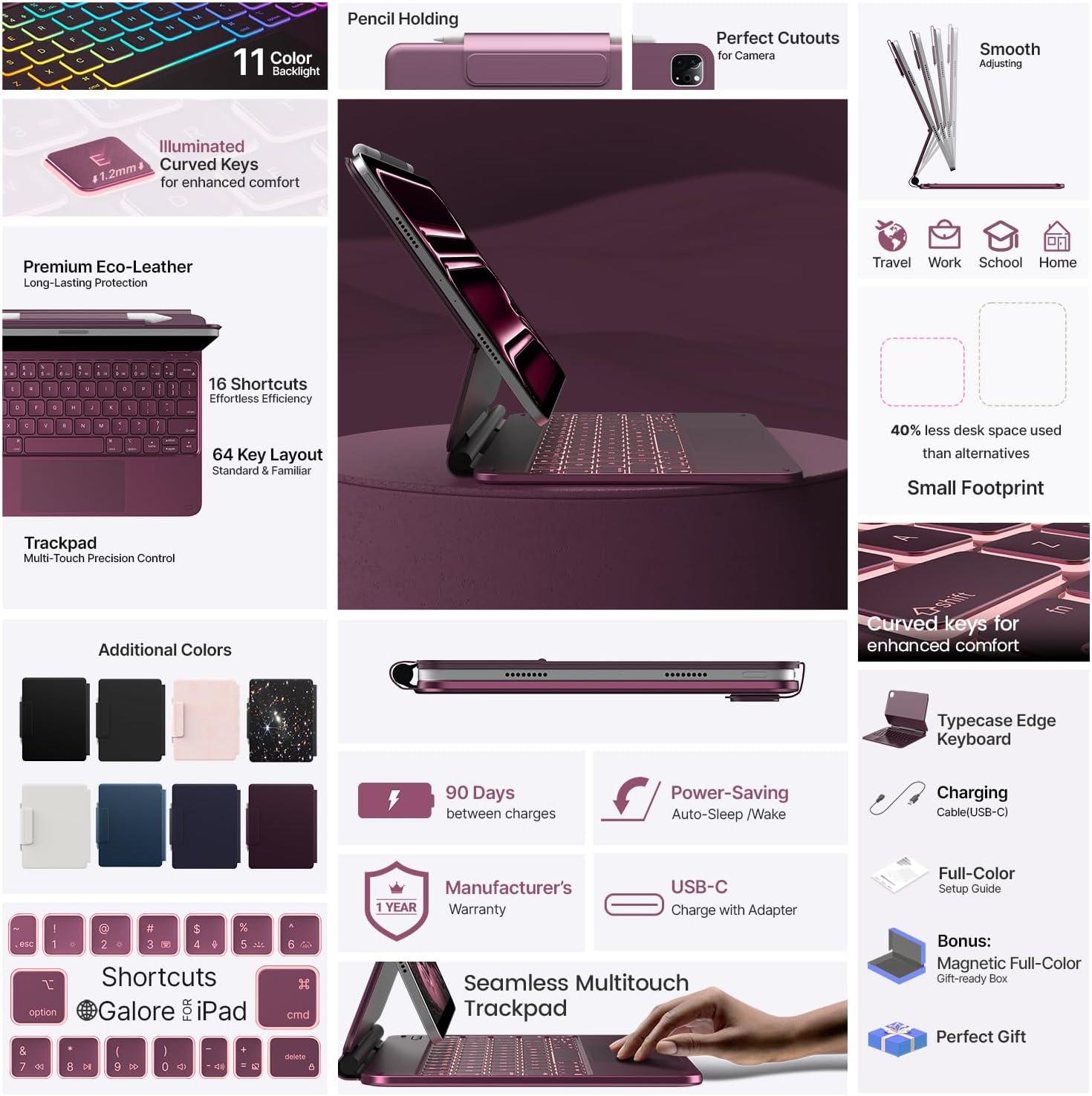 image:imagetypecase Edge Keyboard Case for iPad Pro 11inch M5M4 20252024 EasySet Floating Magnetic Stand MagicStyle Keyboard with 11 Colors Backlight MultiTouch Trackpad Pencil Holder BlackRaspberry