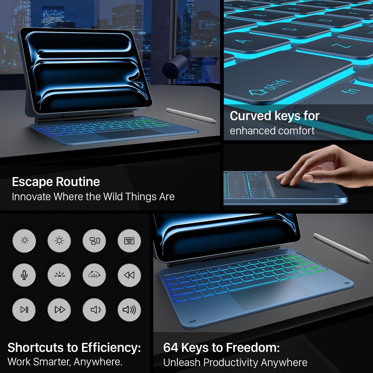 image:imagetypecase Edge Keyboard Case for iPad Pro 11inch M5M4 20252024 EasySet Floating Magnetic Stand MagicStyle Keyboard with 11 Colors Backlight MultiTouch Trackpad Pencil Holder BlackBlue