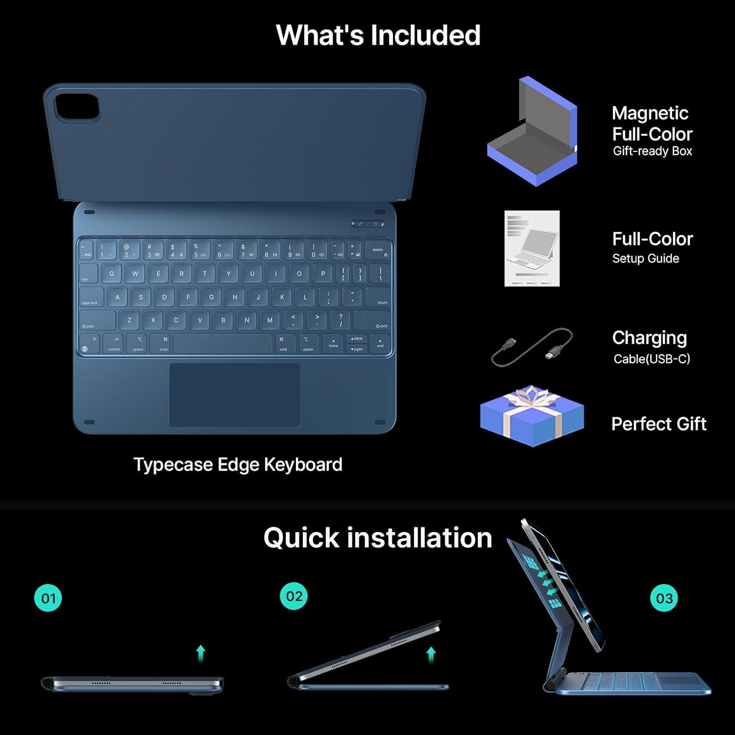 image:imagetypecase Edge Keyboard Case for iPad Pro 11inch M5M4 20252024 EasySet Floating Magnetic Stand MagicStyle Keyboard with 11 Colors Backlight MultiTouch Trackpad Pencil Holder BlackBlue