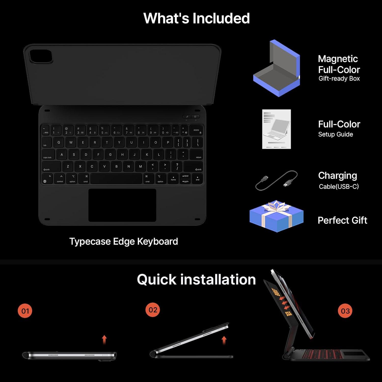 image:imagetypecase Edge Keyboard Case for iPad Pro 11inch M5M4 20252024 EasySet Floating Magnetic Stand MagicStyle Keyboard with 11 Colors Backlight MultiTouch Trackpad Pencil Holder BlackCarbon Fiber