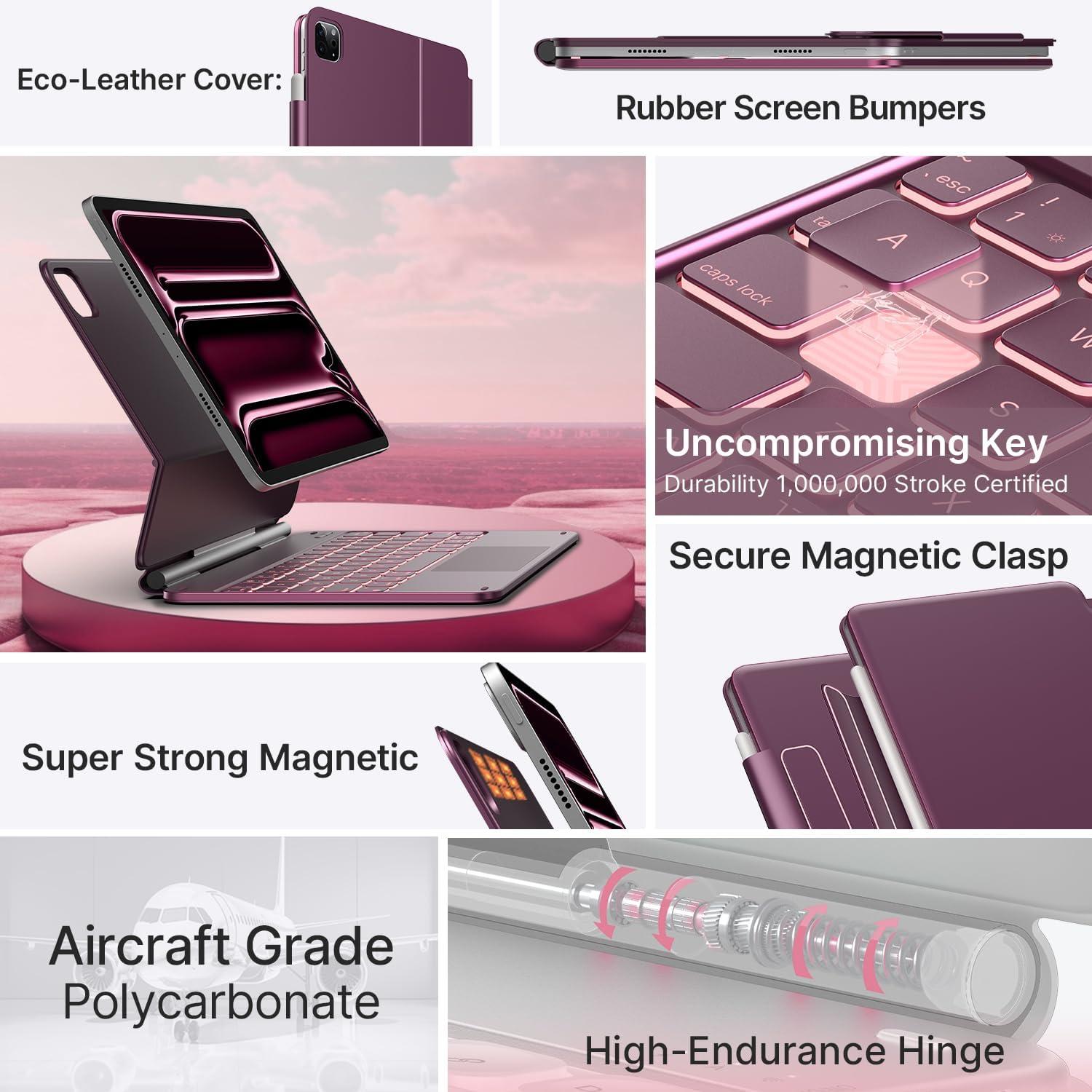 image:imagetypecase Edge Keyboard Case for iPad Pro 11inch M5M4 20252024 EasySet Floating Magnetic Stand MagicStyle Keyboard with 11 Colors Backlight MultiTouch Trackpad Pencil Holder BlackRaspberry