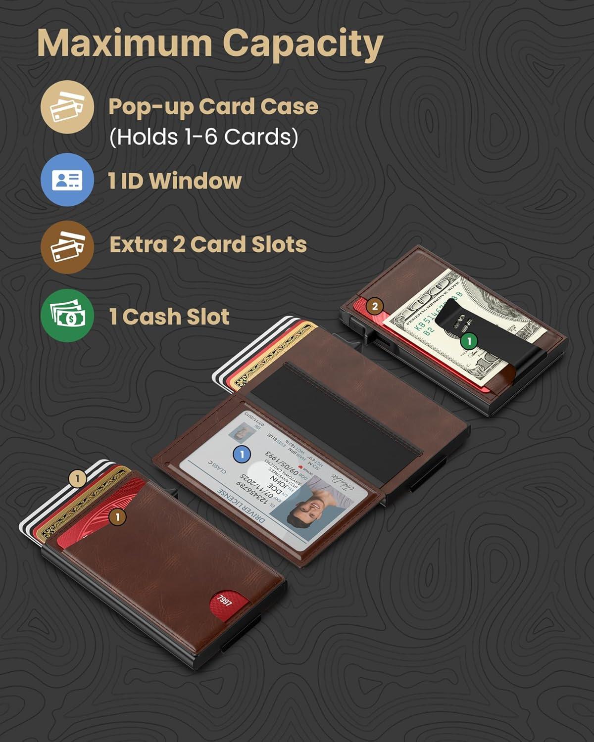 image:imagetypecase Flip Pop Up Wallet for Men Card Holder Smart Privacy amp lD Display Mode RFID Blocking Slim Genuine Leather Minimalist Front Pocket  8 Cards Capacity  ID Window  Money Clip BlackBrown