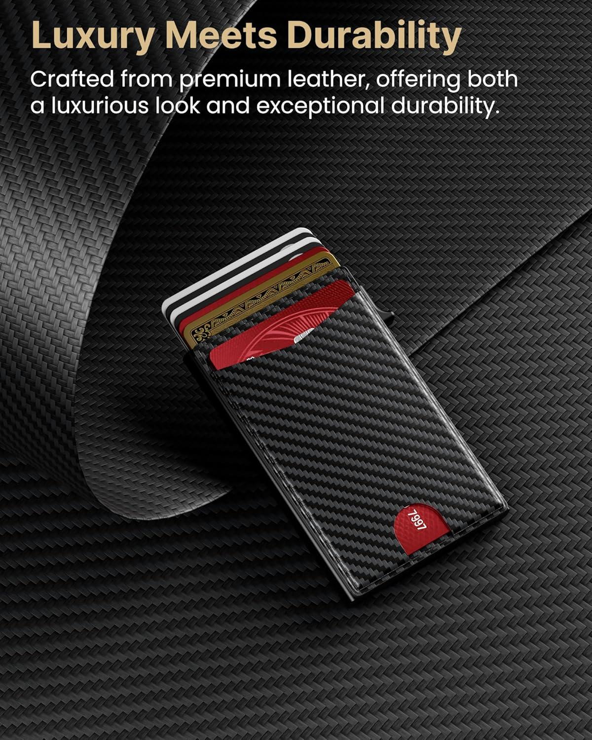 image:imagetypecase Flip Pop Up Wallet for Men Card Holder Smart Privacy amp lD Display Mode RFID Blocking Slim Genuine Leather Minimalist Front Pocket  8 Cards Capacity  ID Window  Money Clip BlackCarbon Fiber