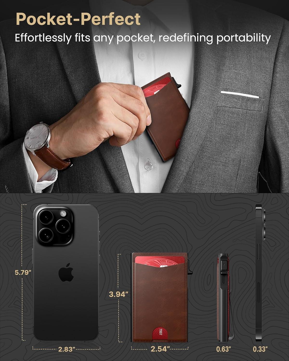 image:imagetypecase Flip Pop Up Wallet for Men Card Holder Smart Privacy amp lD Display Mode RFID Blocking Slim Genuine Leather Minimalist Front Pocket  8 Cards Capacity  ID Window  Money Clip BlackBrown