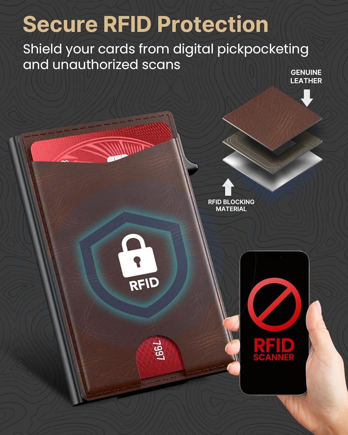 image:imagetypecase Flip Pop Up Wallet for Men Card Holder Smart Privacy amp lD Display Mode RFID Blocking Slim Genuine Leather Minimalist Front Pocket  8 Cards Capacity  ID Window  Money Clip BlackBrown