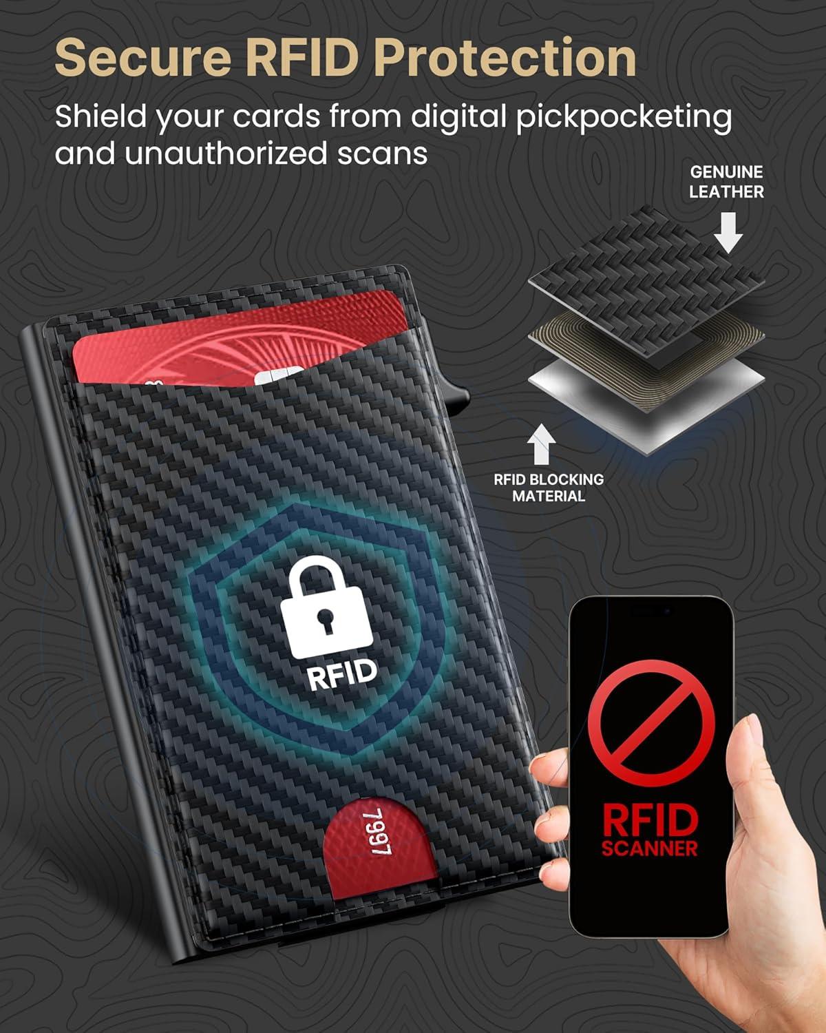 image:imagetypecase Flip Pop Up Wallet for Men Card Holder Smart Privacy amp lD Display Mode RFID Blocking Slim Genuine Leather Minimalist Front Pocket  8 Cards Capacity  ID Window  Money Clip BlackCarbon Fiber