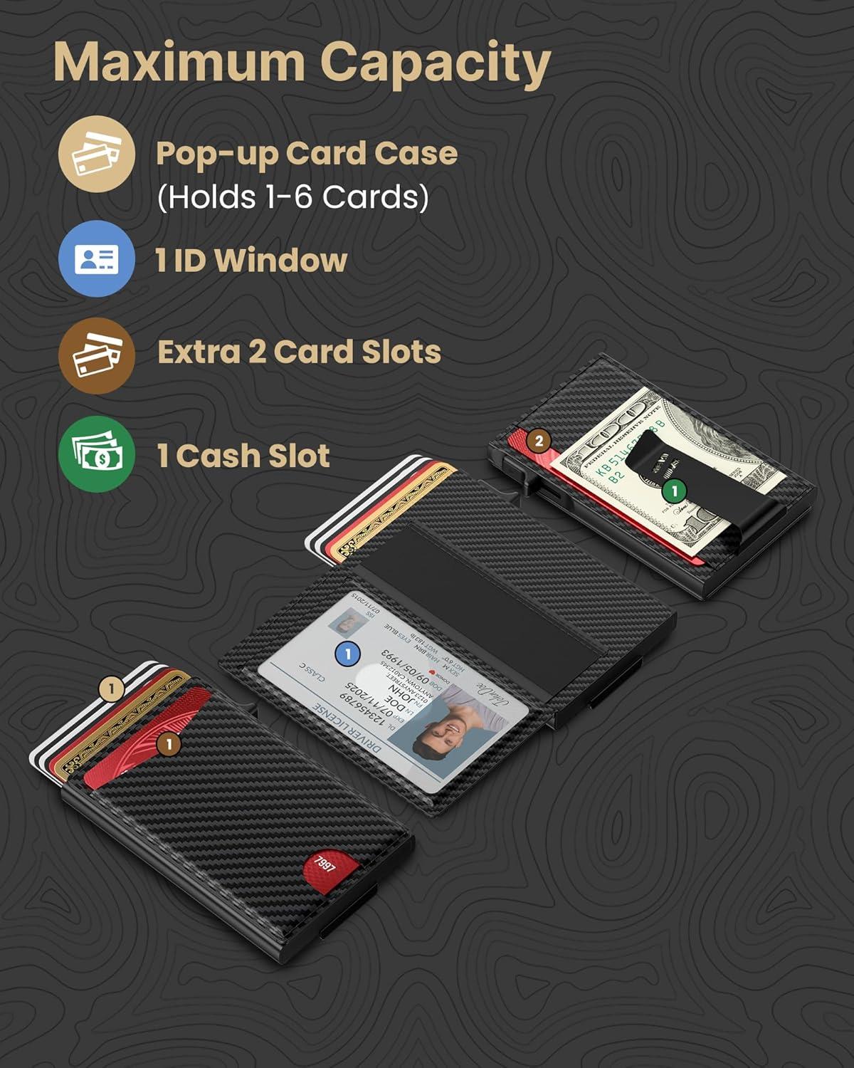 image:imagetypecase Flip Pop Up Wallet for Men Card Holder Smart Privacy amp lD Display Mode RFID Blocking Slim Genuine Leather Minimalist Front Pocket  8 Cards Capacity  ID Window  Money Clip BlackCarbon Fiber