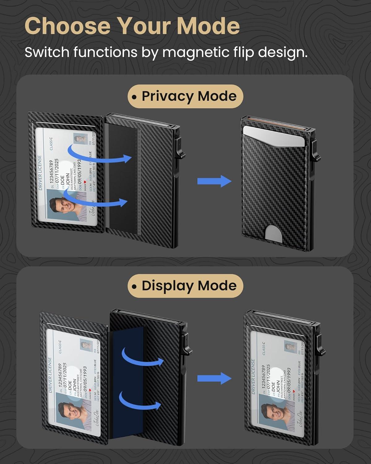 image:imagetypecase Flip Pop Up Wallet for Men Card Holder Smart Privacy amp lD Display Mode RFID Blocking Slim Genuine Leather Minimalist Front Pocket  8 Cards Capacity  ID Window  Money Clip BlackCarbon Fiber