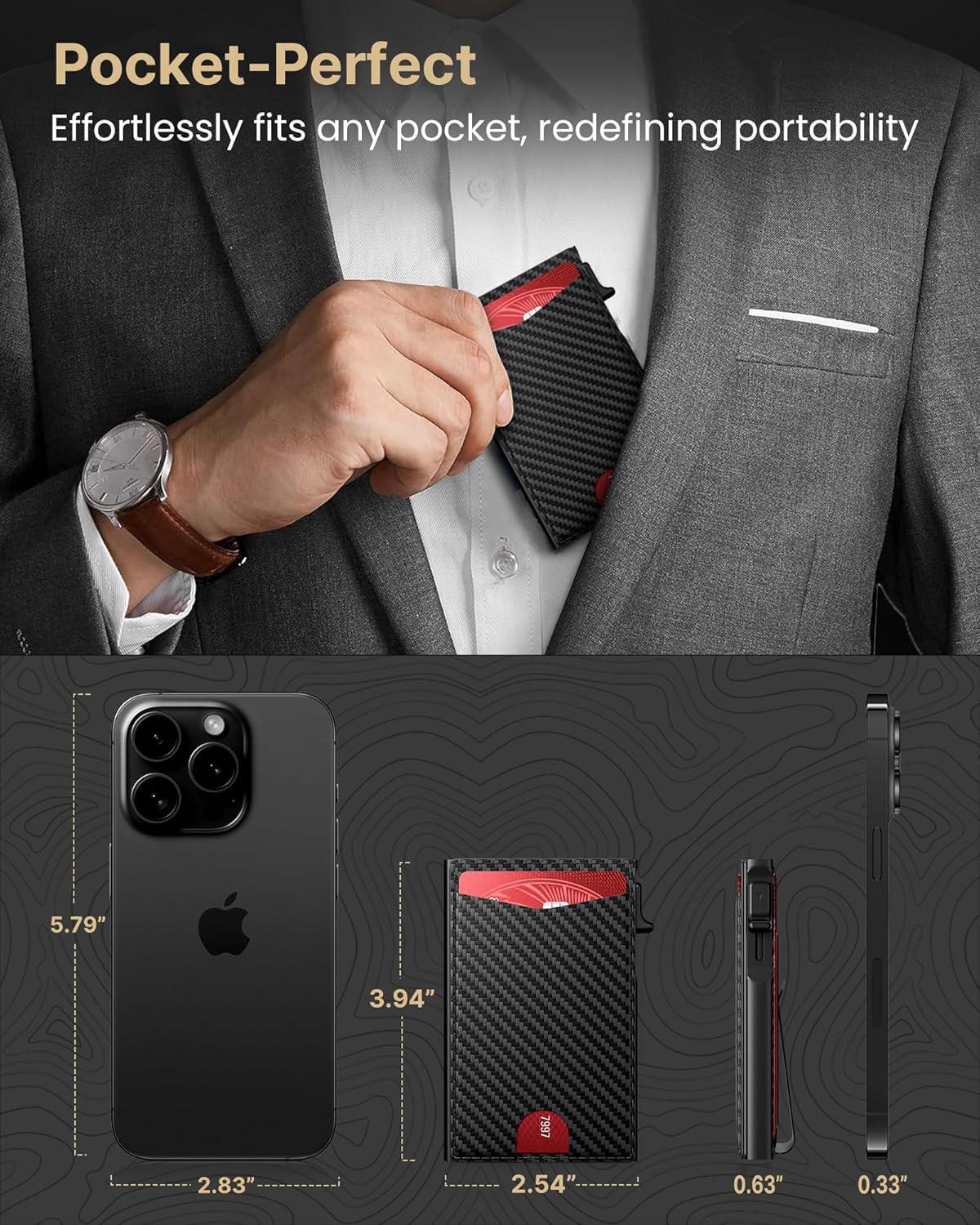 image:imagetypecase Flip Pop Up Wallet for Men Card Holder Smart Privacy amp lD Display Mode RFID Blocking Slim Genuine Leather Minimalist Front Pocket  8 Cards Capacity  ID Window  Money Clip BlackCarbon Fiber