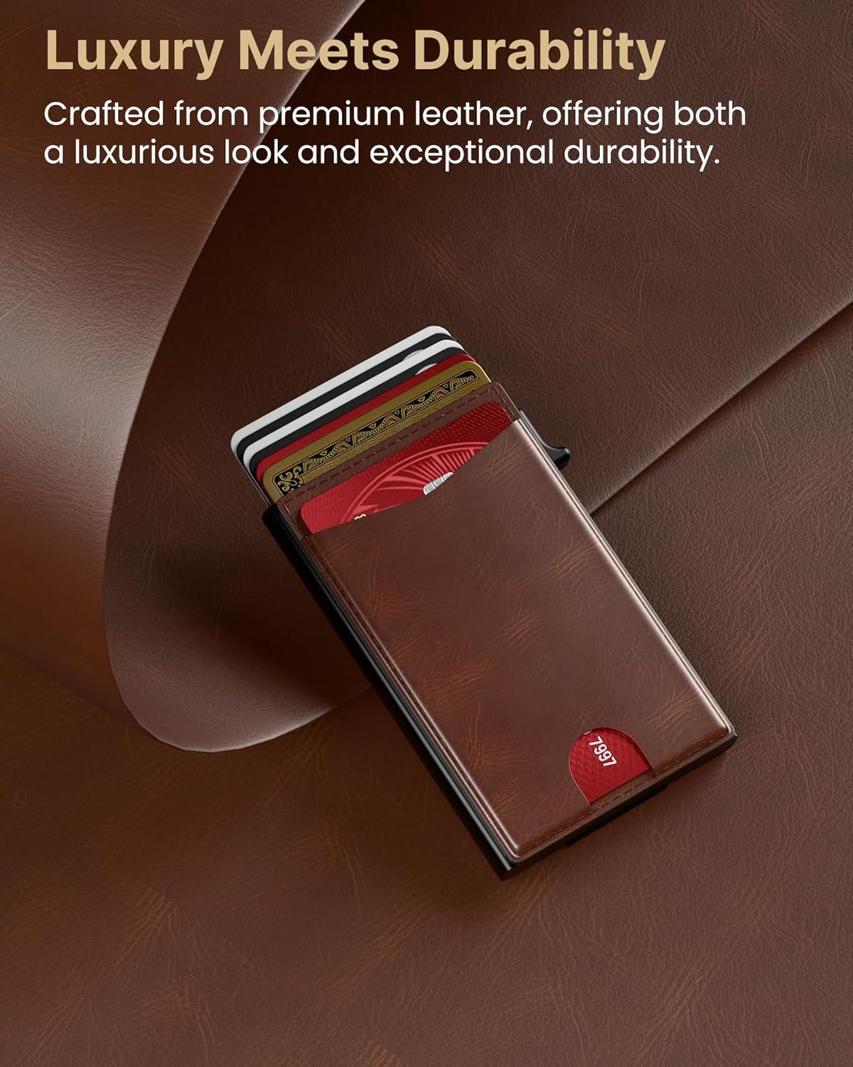image:imagetypecase Flip Pop Up Wallet for Men Card Holder Smart Privacy amp lD Display Mode RFID Blocking Slim Genuine Leather Minimalist Front Pocket  8 Cards Capacity  ID Window  Money Clip BlackBrown
