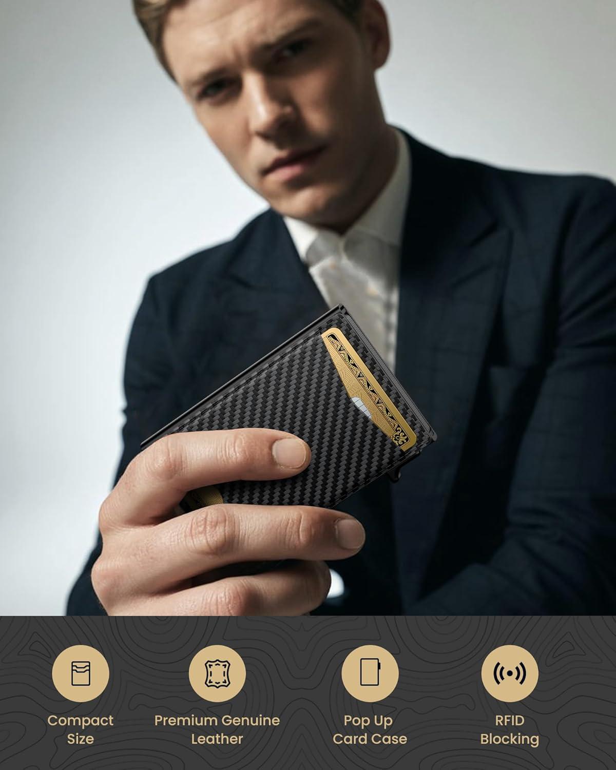 image:imagetypecase Flip Pop Up Wallet for Men Card Holder Smart Privacy amp lD Display Mode RFID Blocking Slim Genuine Leather Minimalist Front Pocket  8 Cards Capacity  ID Window  Money Clip BlackCarbon Fiber