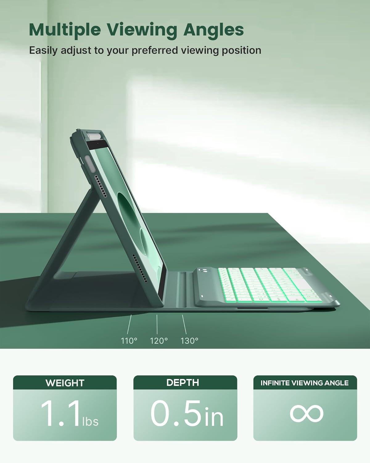 image:imagetypecase Folio Keyboard Case for iPad 10th Gen 109 inch 2022 and iPad 11th A16 2025 Magnetic Wireless Detachable Keyboard 7Color Backlight Thin amp Light Pencil Holder  Matcha Green Midnight Green