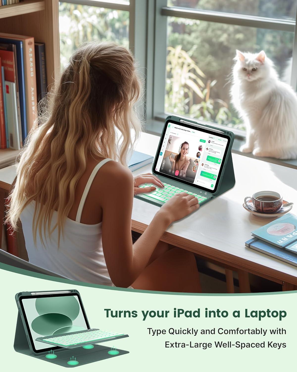 image:imagetypecase Folio Keyboard Case for iPad 10th Gen 109 inch 2022 and iPad 11th A16 2025 Magnetic Wireless Detachable Keyboard 7Color Backlight Thin amp Light Pencil Holder  Matcha Green Midnight Green