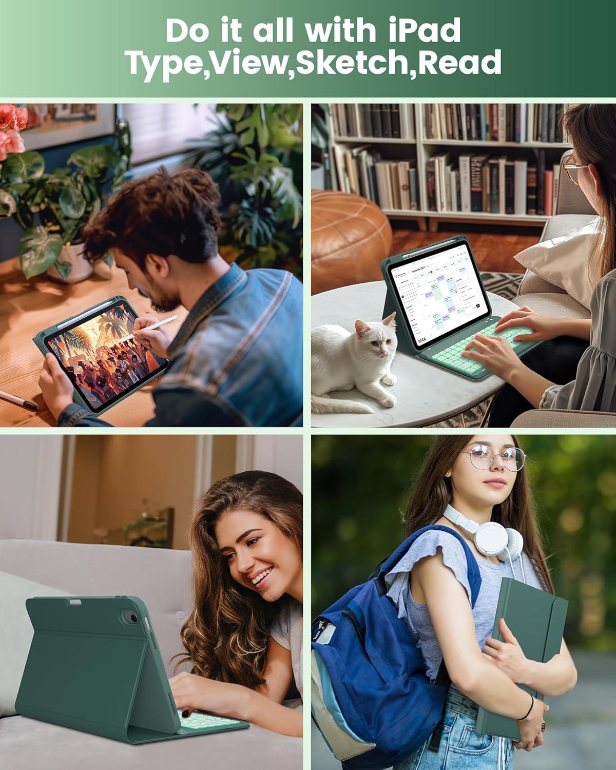 image:imagetypecase Folio Keyboard Case for iPad 10th Gen 109 inch 2022 and iPad 11th A16 2025 Magnetic Wireless Detachable Keyboard 7Color Backlight Thin amp Light Pencil Holder  Matcha Green Midnight Green