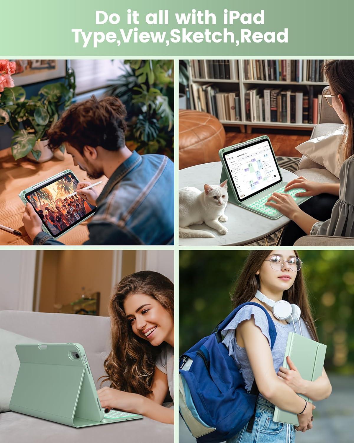 image:imagetypecase Folio Keyboard Case for iPad 10th Gen 109 inch 2022 and iPad 11th A16 2025 Magnetic Wireless Detachable Keyboard 7Color Backlight Thin amp Light Pencil Holder  Matcha Green Matcha Green