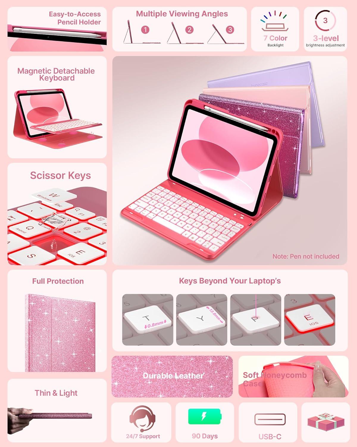 image:imagetypecase Folio Keyboard Case for iPad 10th Gen 109 inch 2022 and iPad 11th A16 2025 Magnetic Wireless Detachable Keyboard 7Color Backlight Thin amp Light Pencil Holder  Matcha Green Rose Red Glitter