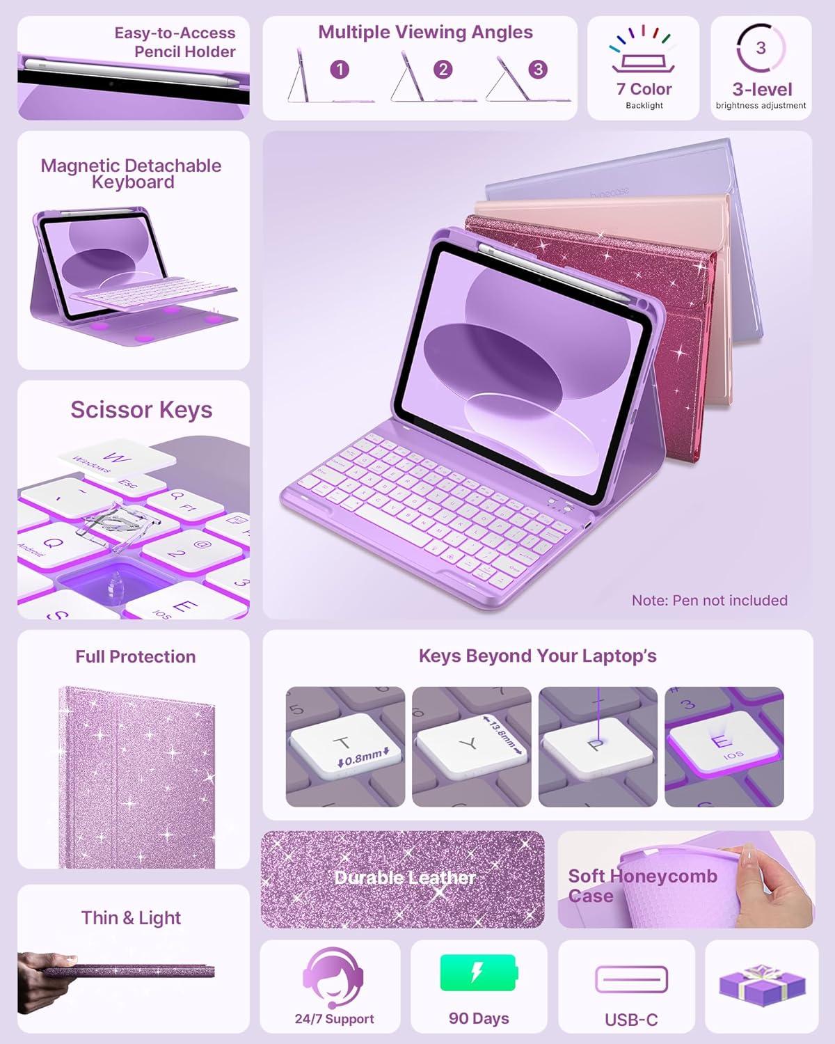 image:imagetypecase Folio Keyboard Case for iPad 10th Gen 109 inch 2022 and iPad 11th A16 2025 Magnetic Wireless Detachable Keyboard 7Color Backlight Thin amp Light Pencil Holder  Matcha Green Purple Glitter