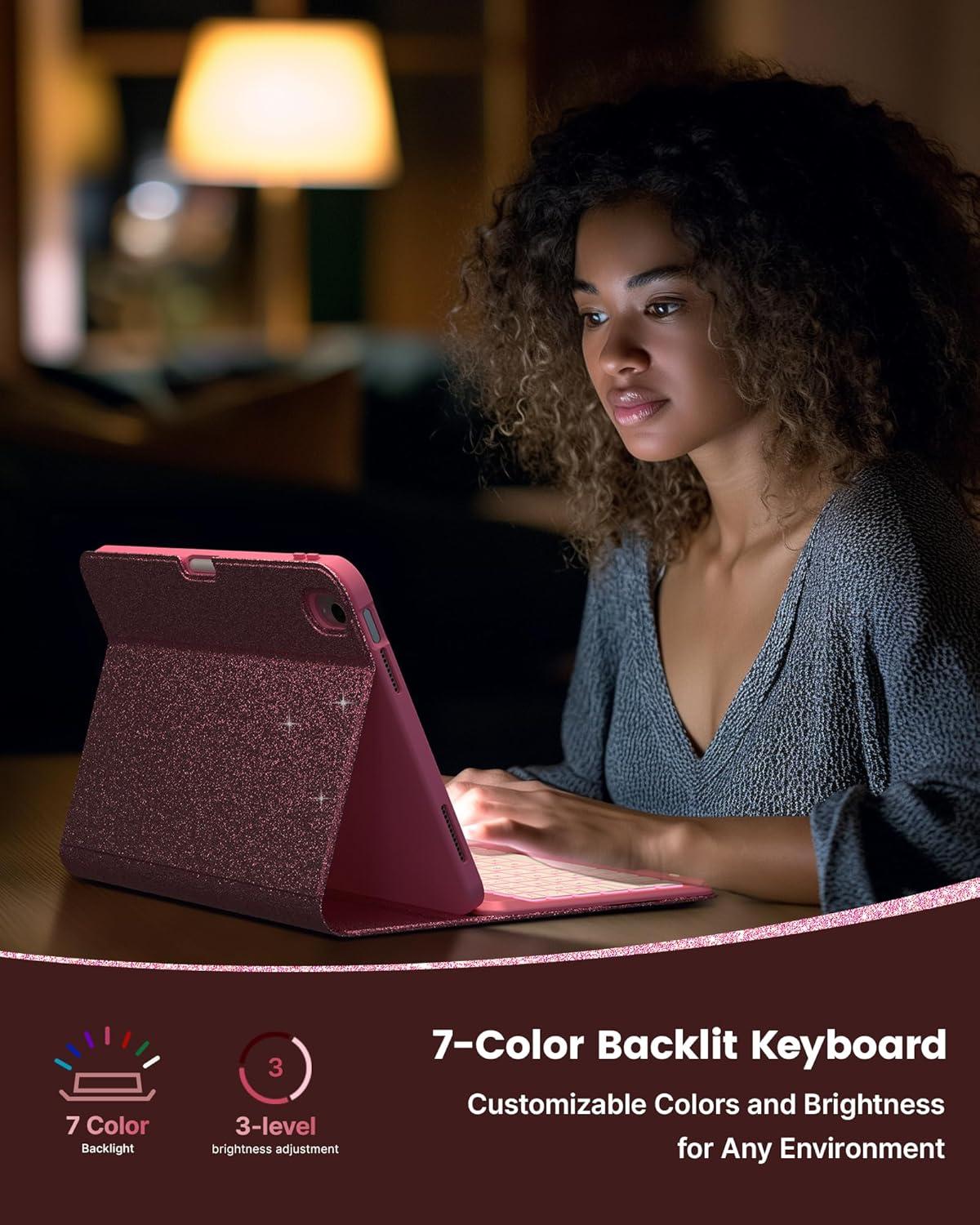 image:imagetypecase Folio Keyboard Case for iPad 10th Gen 109 inch 2022 and iPad 11th A16 2025 Magnetic Wireless Detachable Keyboard 7Color Backlight Thin amp Light Pencil Holder  Matcha Green Rose Red Glitter