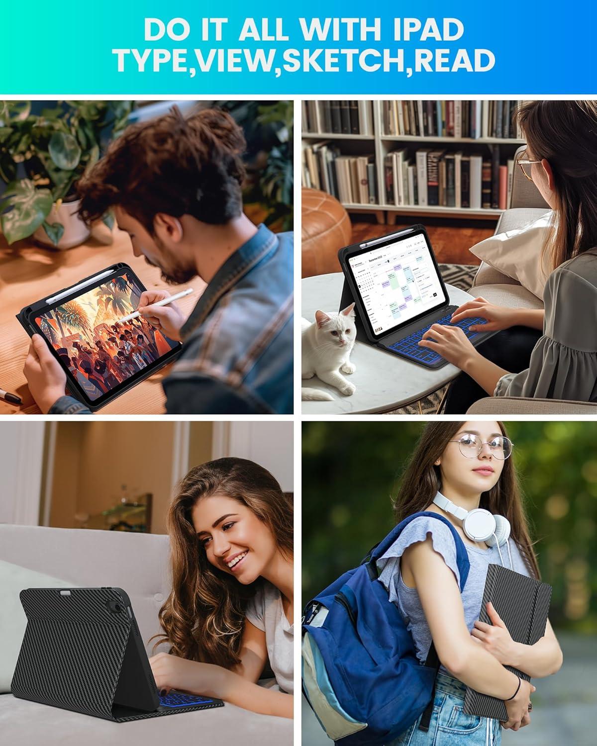 image:imagetypecase Folio Keyboard Case for iPad 10th Gen 109 inch 2022 and iPad 11th A16 2025 Magnetic Wireless Detachable Keyboard 7Color Backlight Thin amp Light Pencil Holder  Matcha Green Carbon Fiber