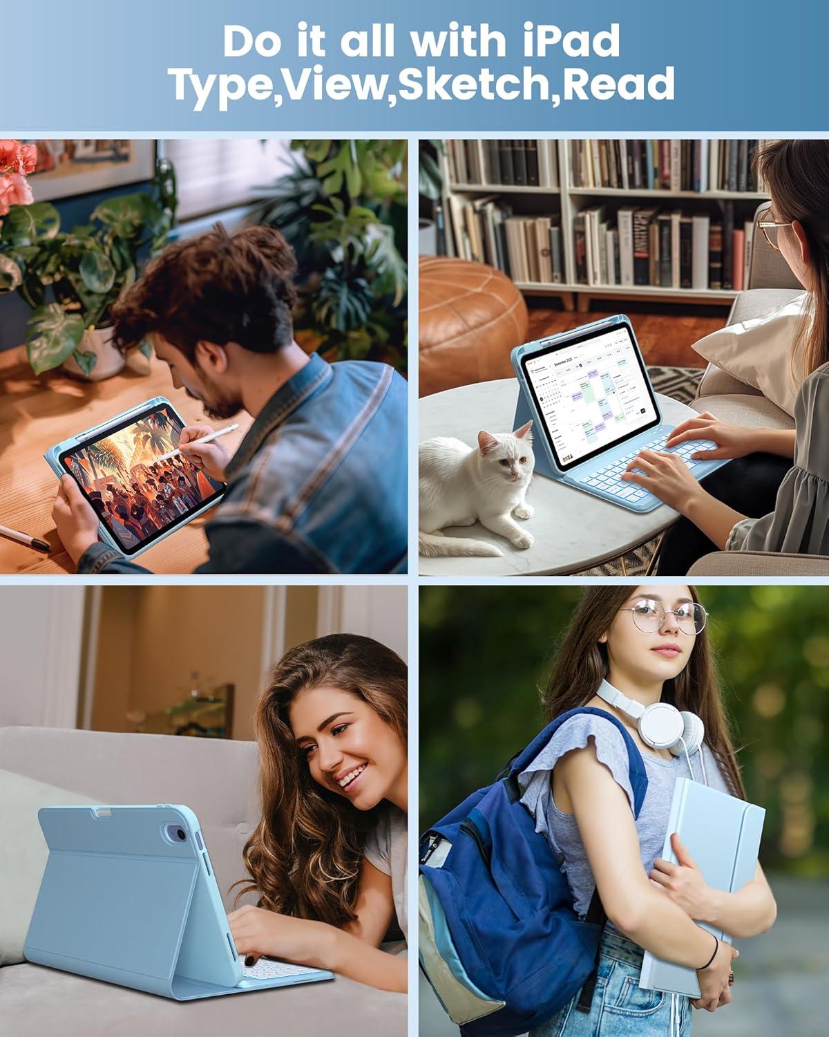 image:imagetypecase Folio Keyboard Case for iPad 10th Gen 109 inch 2022 and iPad 11th A16 2025 Magnetic Wireless Detachable Keyboard 7Color Backlight Thin amp Light Pencil Holder  Matcha GreenSky Blue