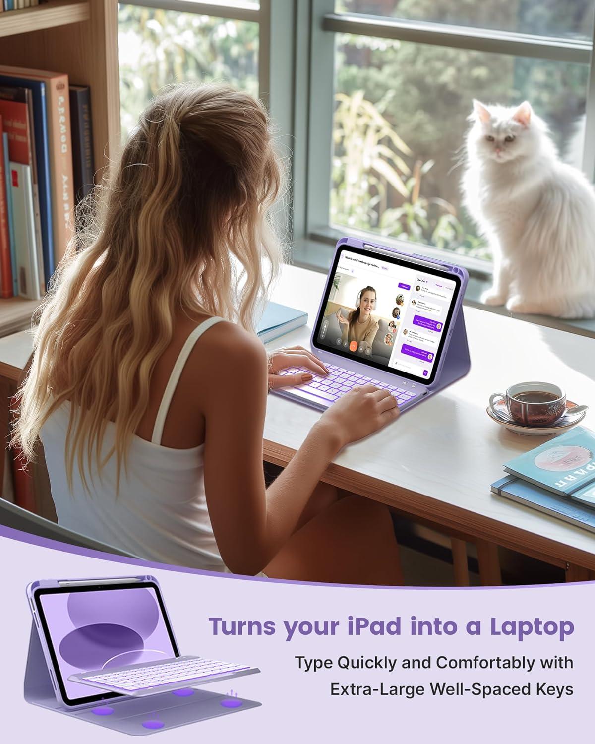 image:imagetypecase Folio Keyboard Case for iPad 10th Gen 109 inch 2022 and iPad 11th A16 2025 Magnetic Wireless Detachable Keyboard 7Color Backlight Thin amp Light Pencil Holder  Matcha Green Light Purple