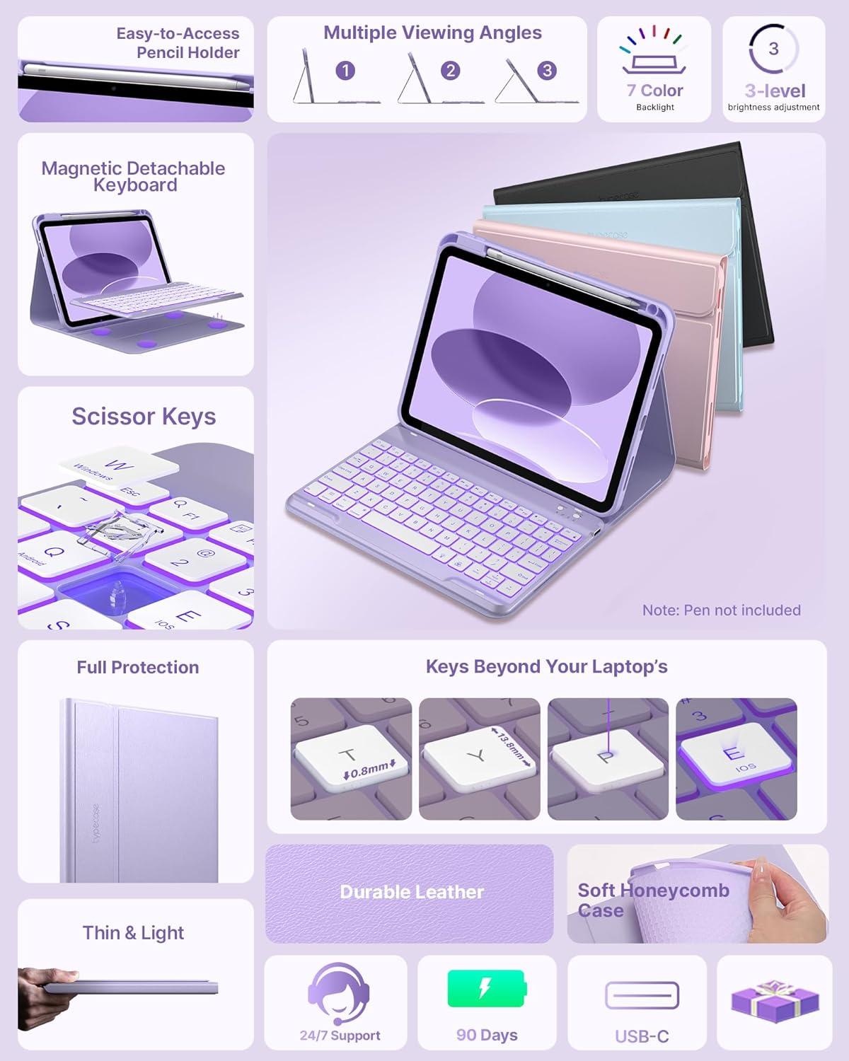image:imagetypecase Folio Keyboard Case for iPad 10th Gen 109 inch 2022 and iPad 11th A16 2025 Magnetic Wireless Detachable Keyboard 7Color Backlight Thin amp Light Pencil Holder  Matcha Green Light Purple