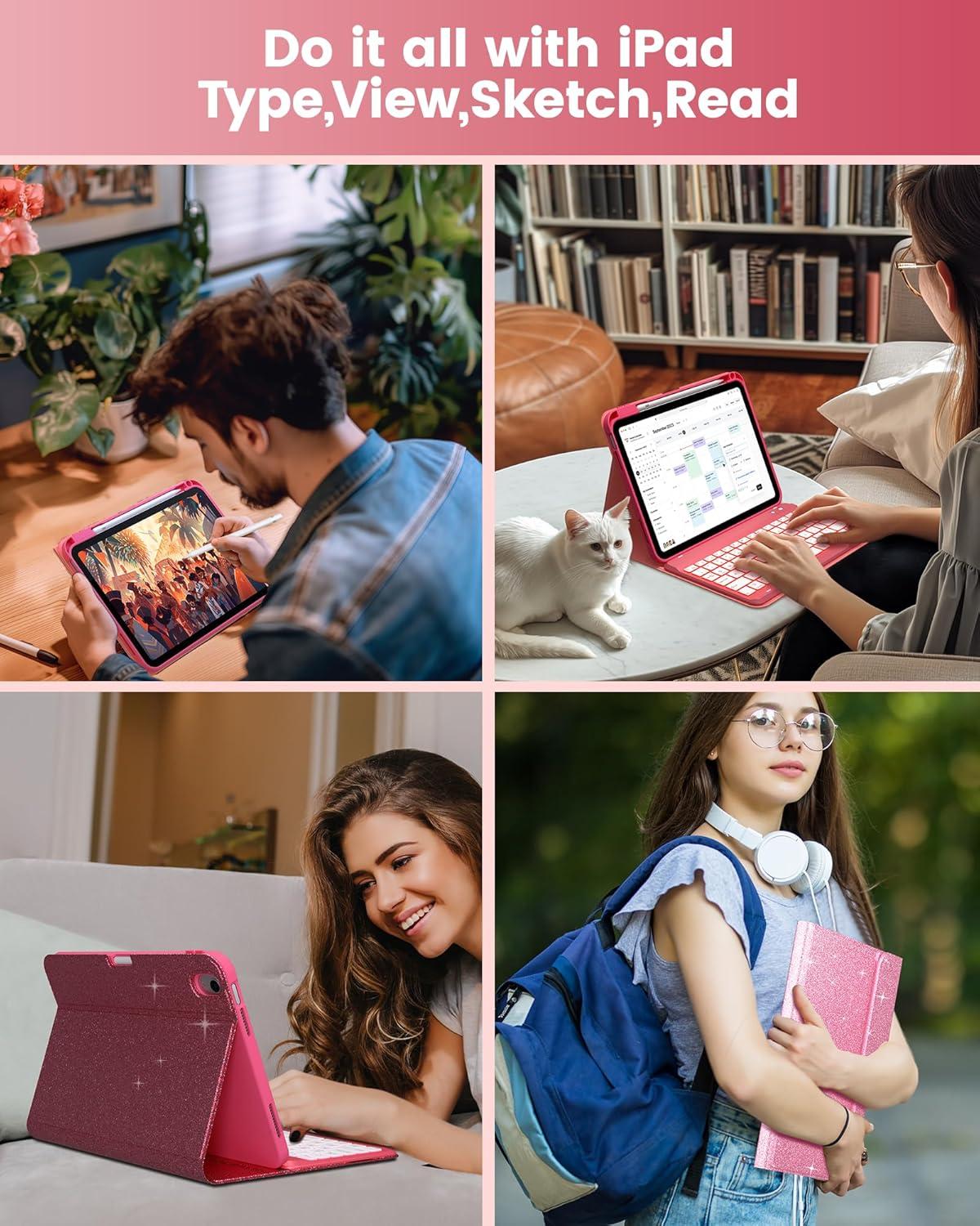 image:imagetypecase Folio Keyboard Case for iPad 10th Gen 109 inch 2022 and iPad 11th A16 2025 Magnetic Wireless Detachable Keyboard 7Color Backlight Thin amp Light Pencil Holder  Matcha Green Rose Red Glitter