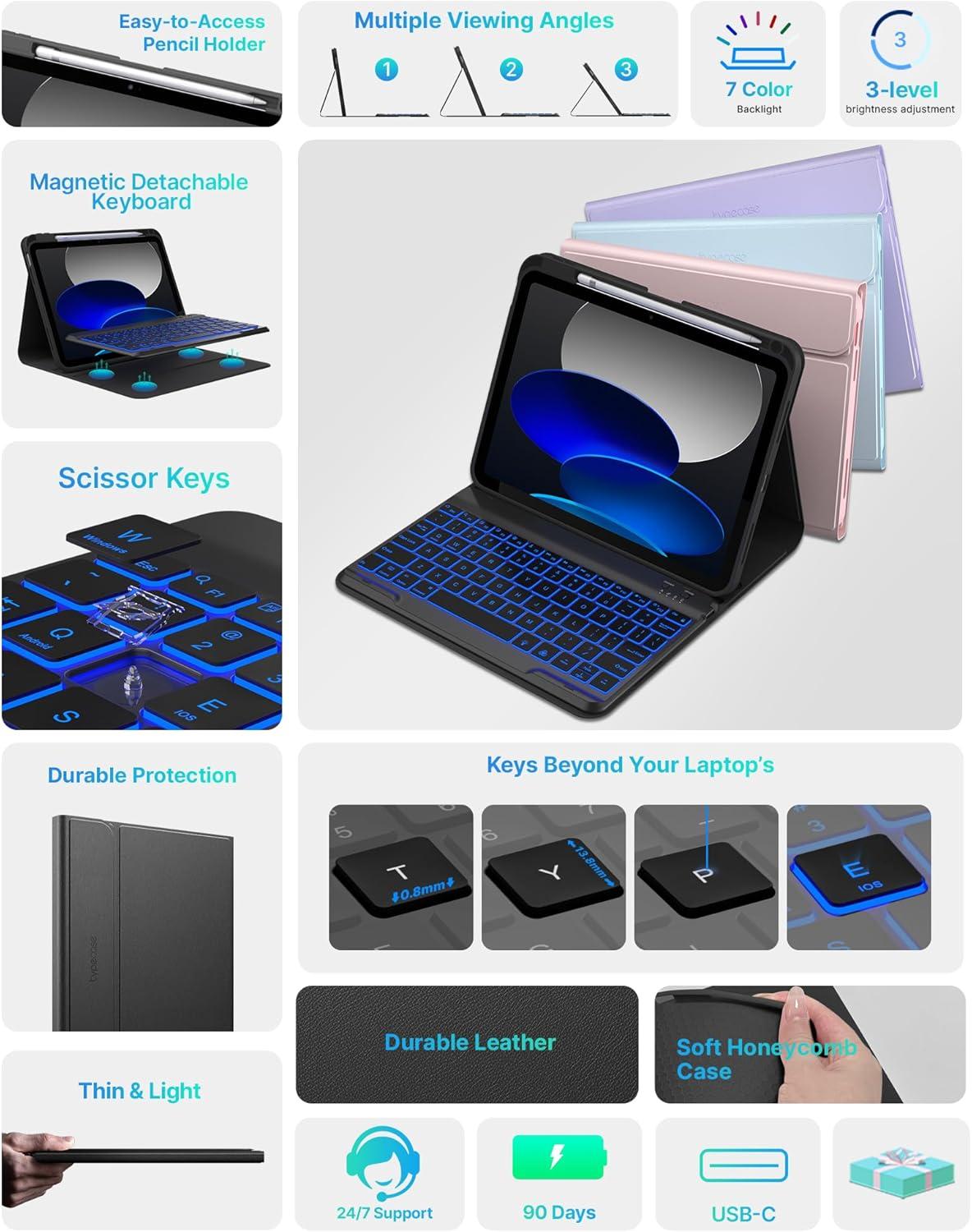 image:imagetypecase Folio Keyboard Case for iPad 10th Gen 109 inch 2022 and iPad 11th A16 2025 Magnetic Wireless Detachable Keyboard 7Color Backlight Thin amp Light Pencil Holder  Matcha Green Black
