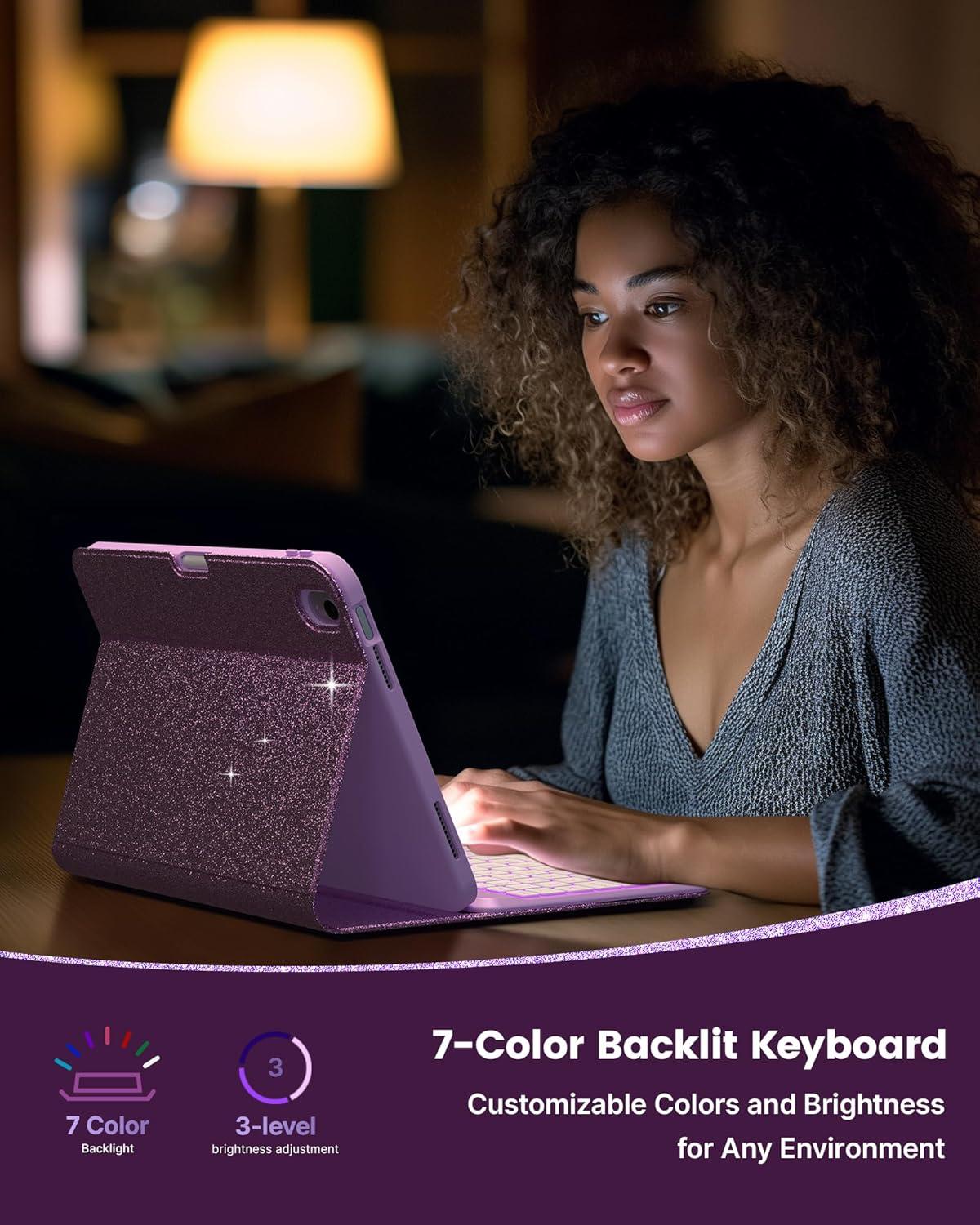 image:imagetypecase Folio Keyboard Case for iPad 10th Gen 109 inch 2022 and iPad 11th A16 2025 Magnetic Wireless Detachable Keyboard 7Color Backlight Thin amp Light Pencil Holder  Matcha Green Purple Glitter