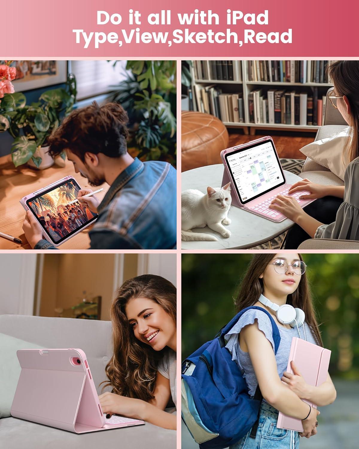 image:imagetypecase Folio Keyboard Case for iPad 10th Gen 109 inch 2022 and iPad 11th A16 2025 Magnetic Wireless Detachable Keyboard 7Color Backlight Thin amp Light Pencil Holder  Matcha GreenLight Pink