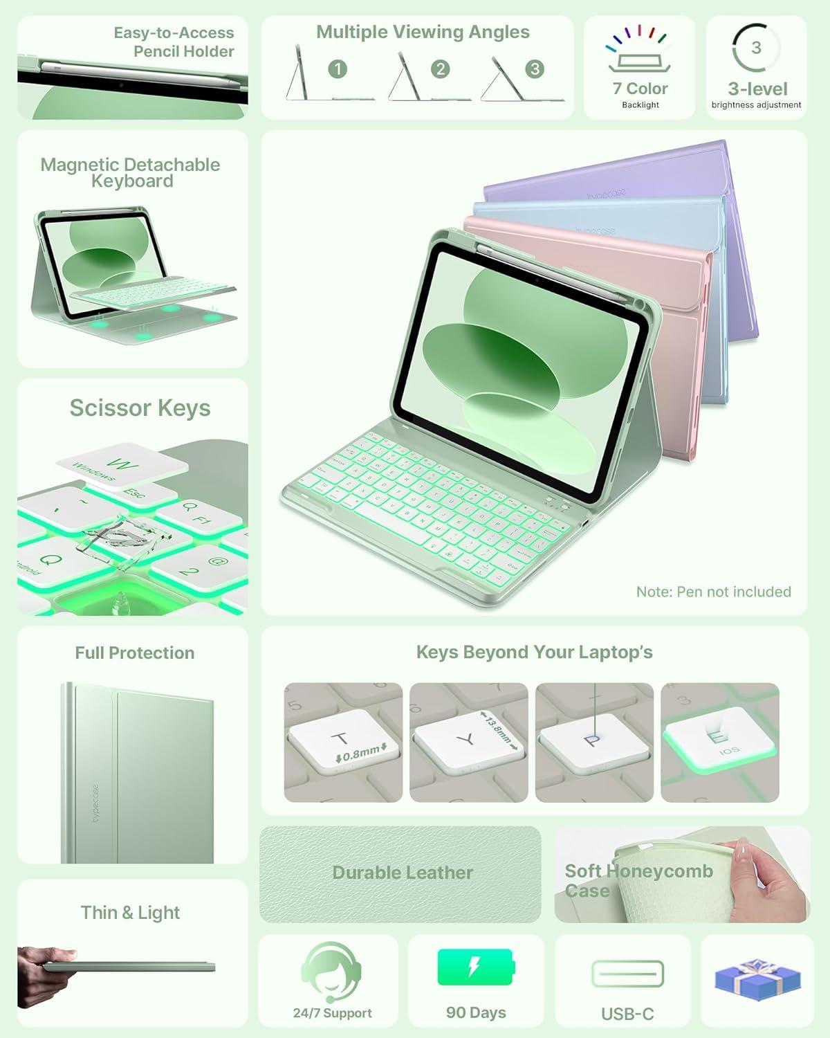 image:imagetypecase Folio Keyboard Case for iPad 10th Gen 109 inch 2022 and iPad 11th A16 2025 Magnetic Wireless Detachable Keyboard 7Color Backlight Thin amp Light Pencil Holder  Matcha Green Matcha Green