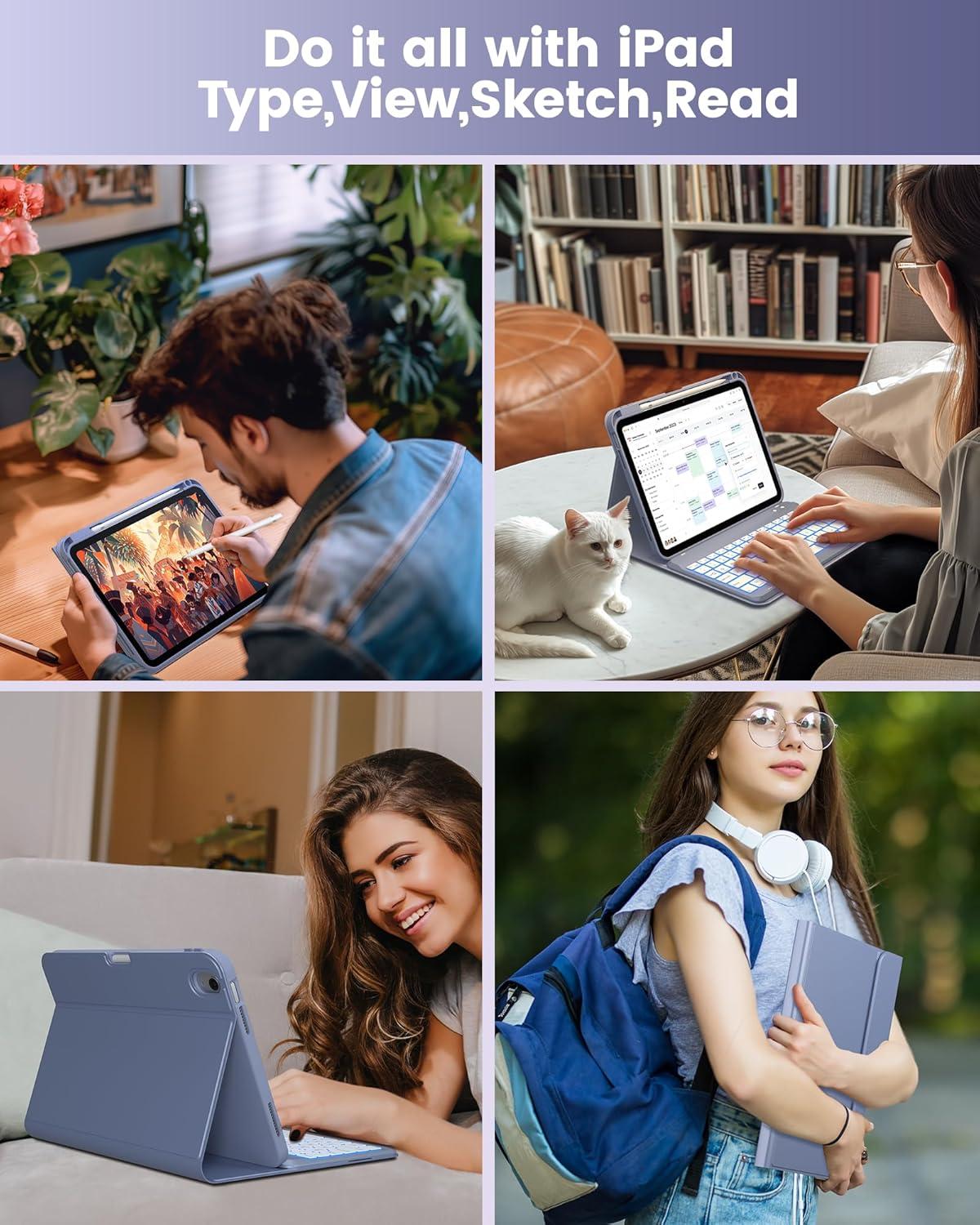 image:imagetypecase Folio Keyboard Case for iPad 10th Gen 109 inch 2022 and iPad 11th A16 2025 Magnetic Wireless Detachable Keyboard 7Color Backlight Thin amp Light Pencil Holder  Matcha Green Lavender