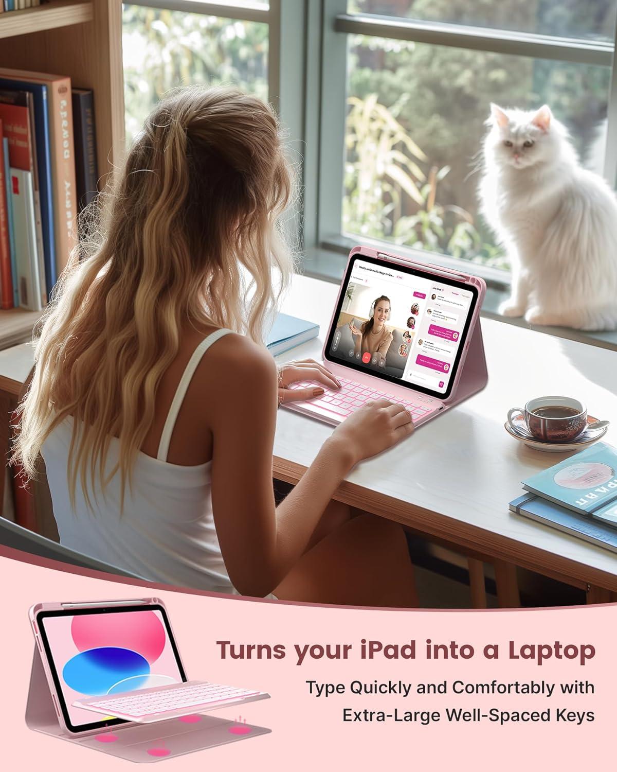 image:imagetypecase Folio Keyboard Case for iPad 10th Gen 109 inch 2022 and iPad 11th A16 2025 Magnetic Wireless Detachable Keyboard 7Color Backlight Thin amp Light Pencil Holder  Matcha GreenLight Pink
