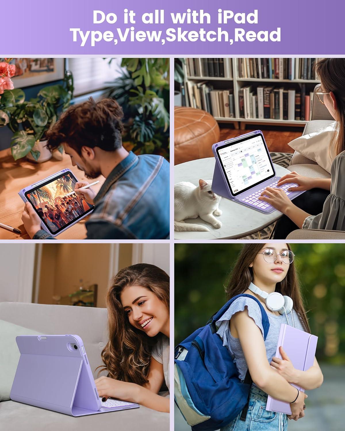 image:imagetypecase Folio Keyboard Case for iPad 10th Gen 109 inch 2022 and iPad 11th A16 2025 Magnetic Wireless Detachable Keyboard 7Color Backlight Thin amp Light Pencil Holder  Matcha Green Light Purple