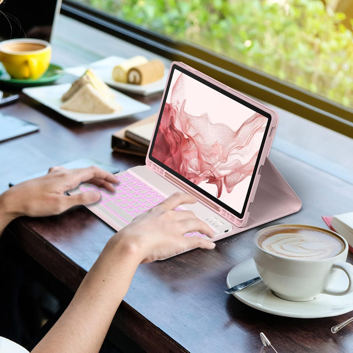 image:imagetypecase Keyboard Case for Galaxy Tab S8Tab S7 11 inch SMX700X706T870T875T878 Slim Protective Cover 7 Colors Backlit Wireless Detachable Keyboard with S Pen Holder Pink