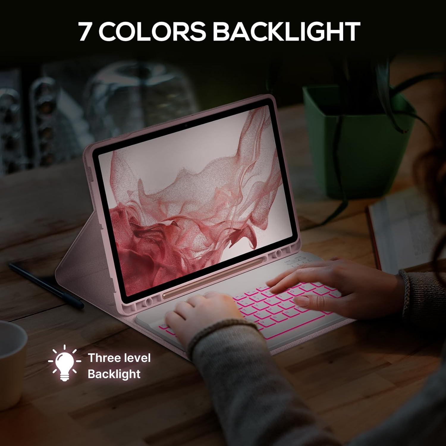 image:imagetypecase Keyboard Case for Galaxy Tab S8Tab S7 11 inch SMX700X706T870T875T878 Slim Protective Cover 7 Colors Backlit Wireless Detachable Keyboard with S Pen Holder Pink