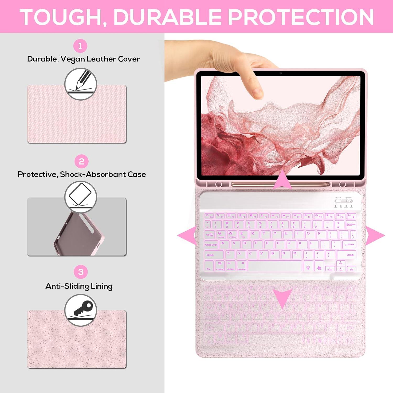 image:imagetypecase Keyboard Case for Galaxy Tab S8Tab S7 11 inch SMX700X706T870T875T878 Slim Protective Cover 7 Colors Backlit Wireless Detachable Keyboard with S Pen Holder Pink