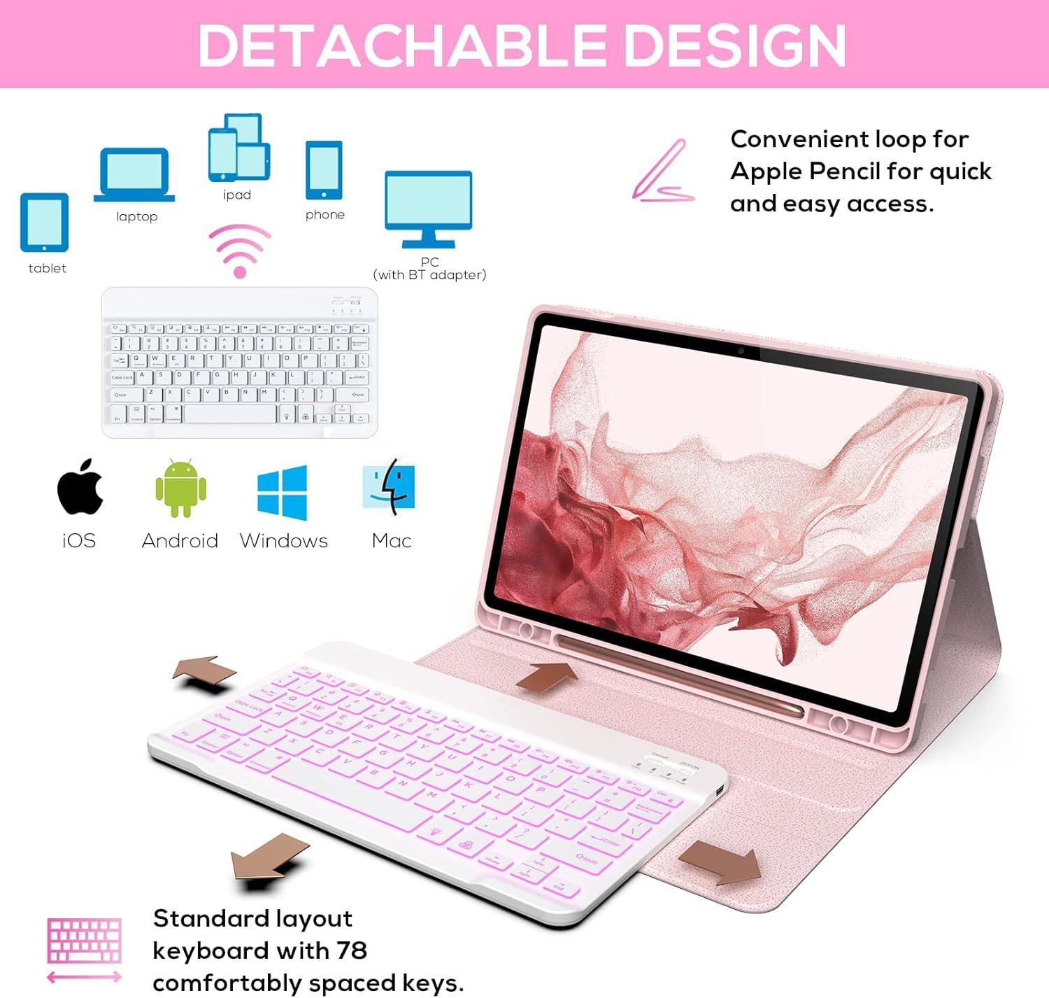 image:imagetypecase Keyboard Case for Galaxy Tab S8Tab S7 11 inch SMX700X706T870T875T878 Slim Protective Cover 7 Colors Backlit Wireless Detachable Keyboard with S Pen Holder Pink
